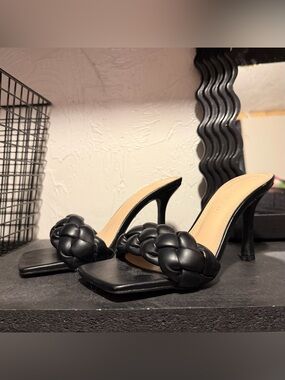 Wild Diva Black Braided Strap Stiletto Mules